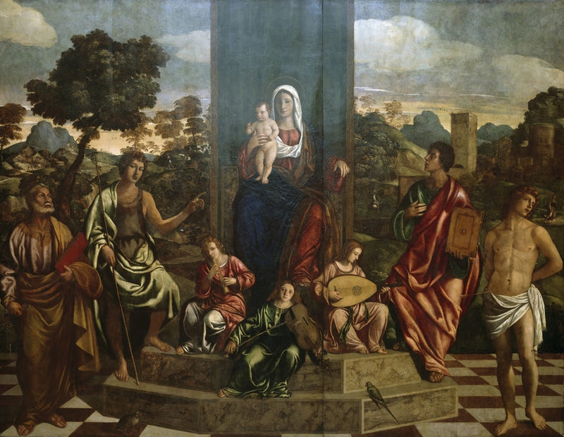 Matka Boska z Dzieciątkiem w majestacie z świętymi Piotrem, Janem Chrzcicielem, Janem Ewangelistą, Sebastianem i trzema muzykującymi aniołami - Giovanni Bellini