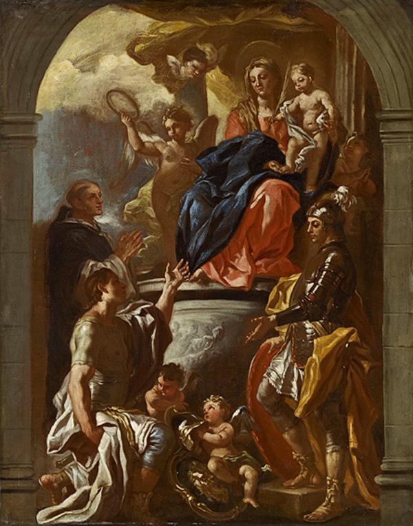 Matka Boska z Dzieciątkiem na tronie z świętym Piotrem Męczennikiem i dwoma świętymi wojownikami - Francesco Solimena
