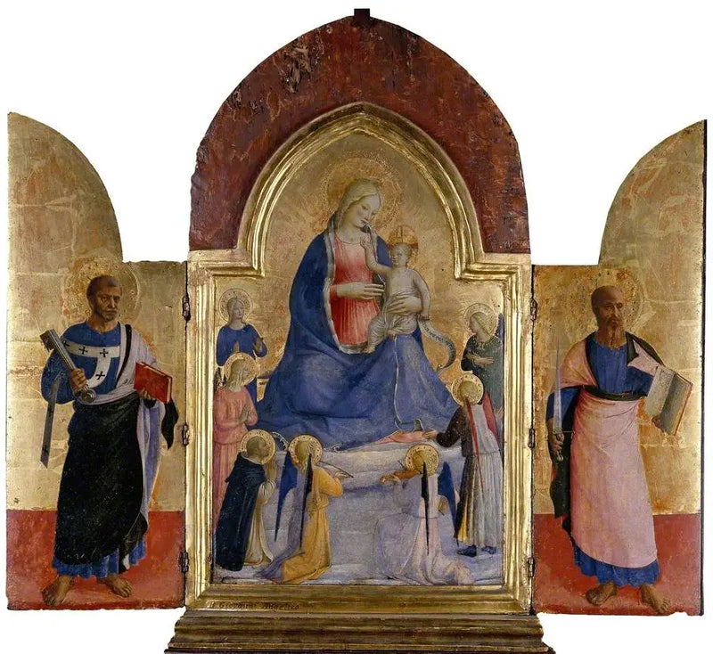 Maria z Dzieciątkiem, aniołami i świętym dominikaninem (w centrum); święty Piotr (z lewej); święty Paweł (z prawej) - Fra Angelico