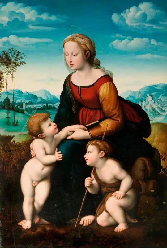 Reproduction du tableau « La Vierge à l'Enfant avec saint Jean - Raphaël Sanzio » par Alpha Reproduction en peinture à l’huile