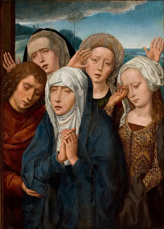 Matka Boska w żałobie z świętym Janem i pobożnymi kobietami z Galilei - Hans Memling