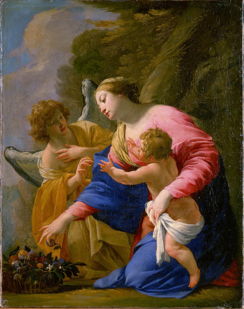 Matka Boska z Dzieciątkiem w koszu z owocami z aniołem na tle krajobrazu - Simon Vouet