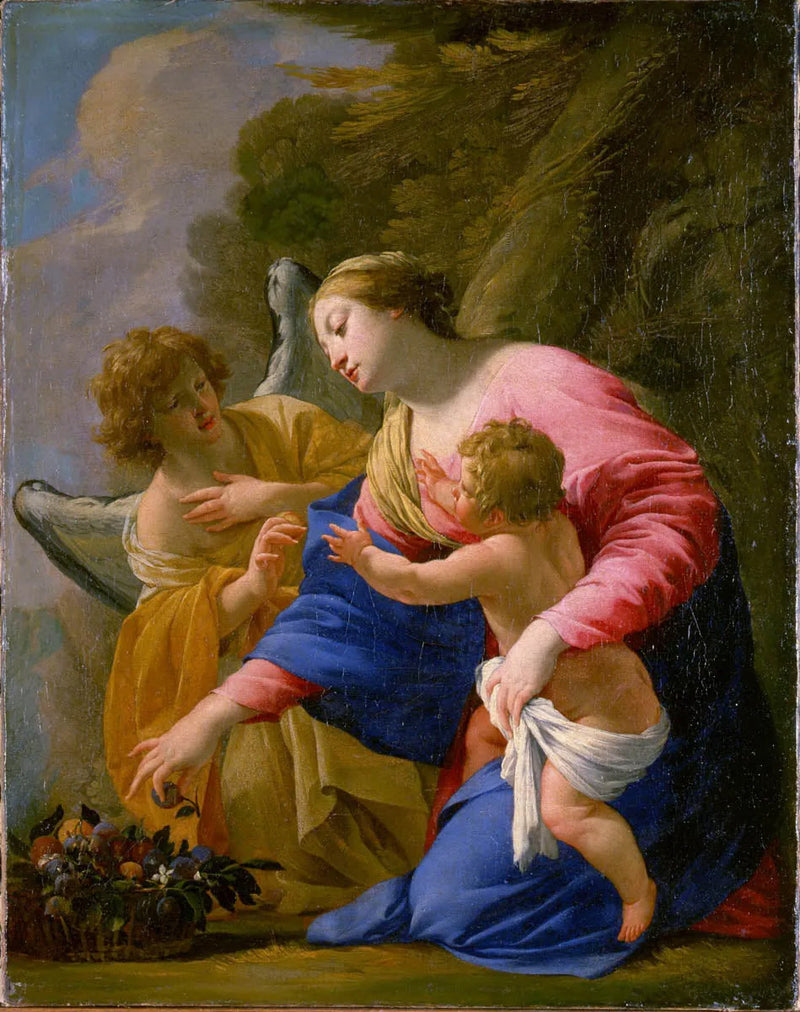 Matka Boska z Dzieciątkiem w koszu z owocami z aniołem na tle krajobrazu - Simon Vouet