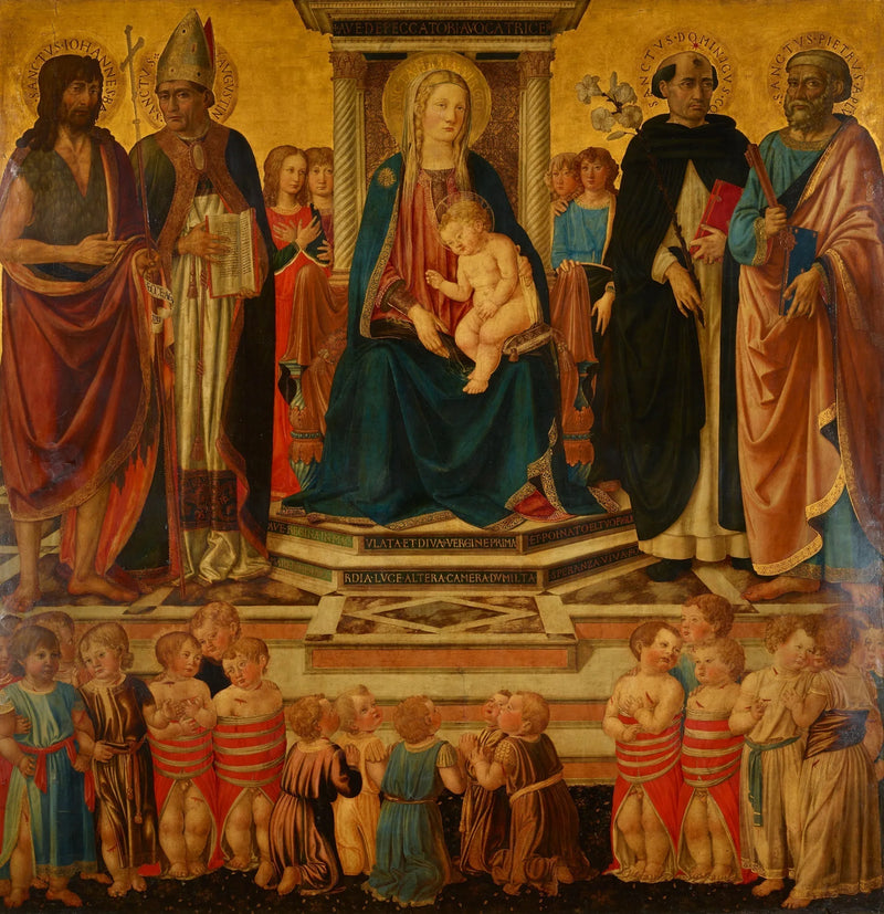 Matka Boska z Dzieciątkiem błogosławiąca, tronująca z świętymi Janem, Augustynem, Dominikiem, Piotrem oraz ofiarami masakry dzieci betlejemskich - Cosimo Rosselli