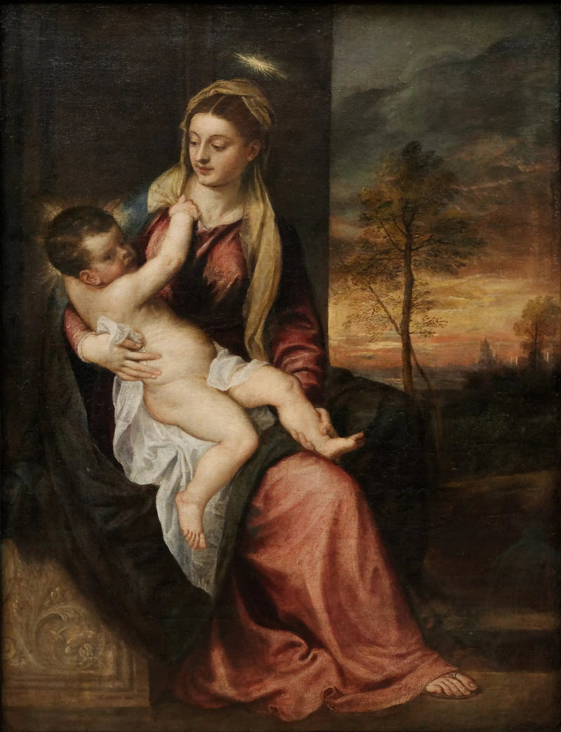 Maria z Dzieciątkiem w pejzażu wieczornym - Titian