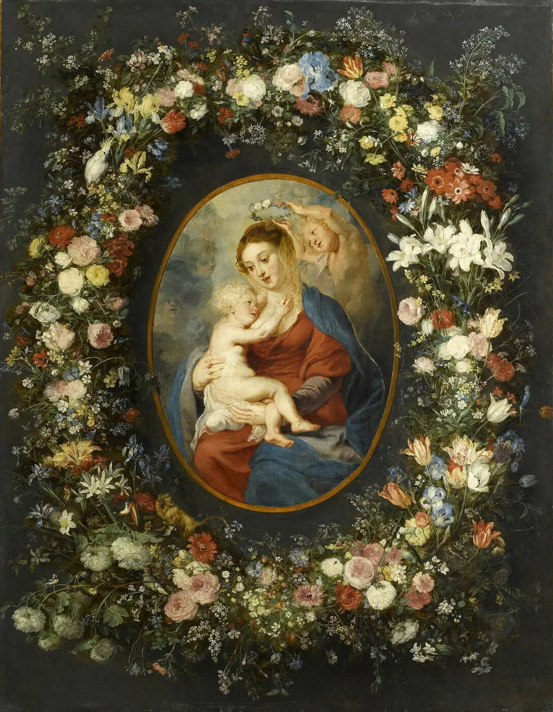 Maria, Dzieciątko Jezus i anioł pośrodku girlandy kwiatów - Peter Paul Rubens