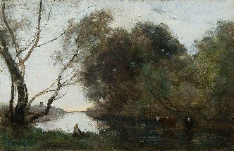 Lac: Zachód słońca - Jean-Baptiste Camille Corot