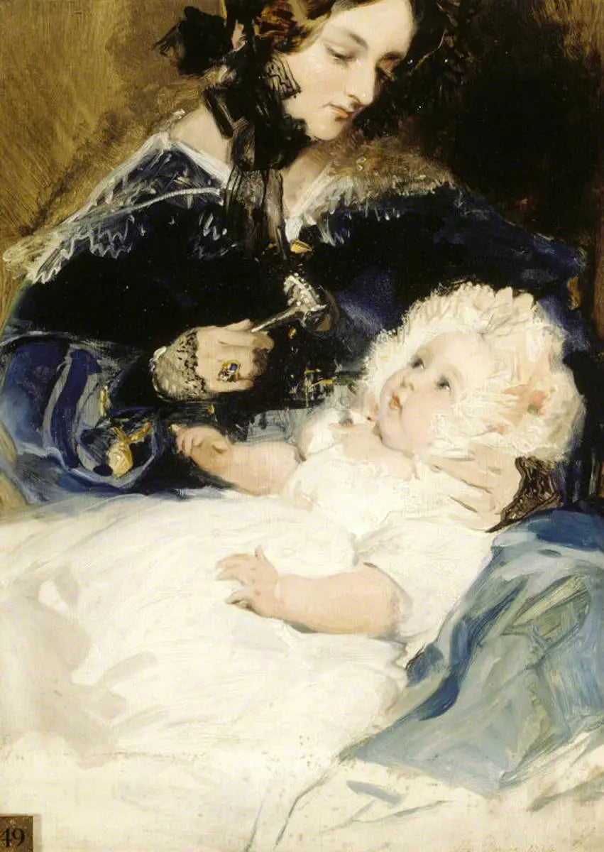 Lady Louisa Jane Russell, duchesse d'Abercorn (1812-1905) avec sa fille Lady Harriet Georgiana Louisa Hamilton, plus tard comtesse de Lichfield (1834-1913) - Edwin Henry Landseer image 1 copie peinte à la main à l’huile