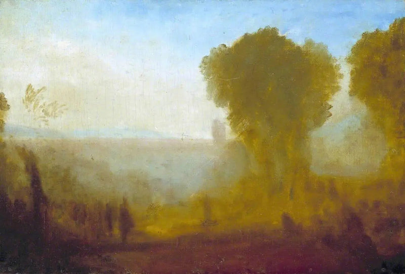 Krajobraz z wieżą, drzewami i postaciami; prawdopodobnie Arcueil w pobliżu Paryża - J. M. W. Turner