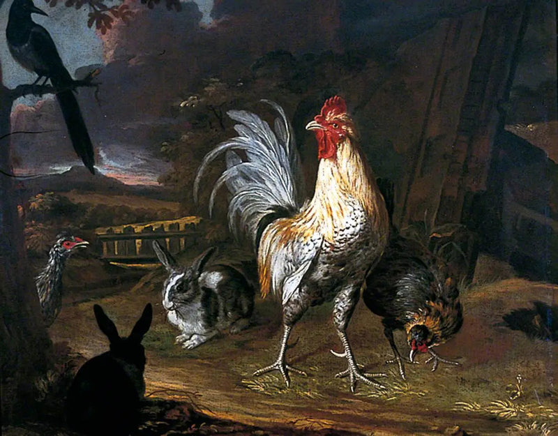Zające, kogut i kura na tle krajobrazu - Melchior de Hondecoeter