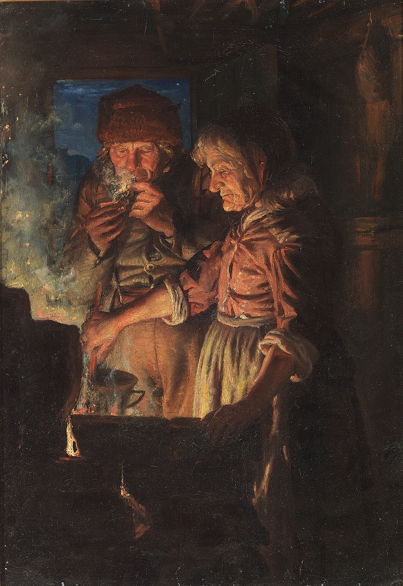 Lars Gaihede i jego żona przy kominku, Stifi porusza garnek. - Michael Peter Ancher