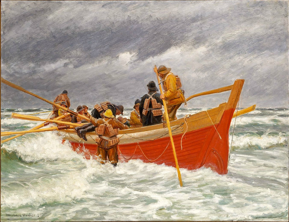 Le bateau de sauvetage rouge est en train de partir. - Michael Peter Ancher image 1 copie de tableau peinte à la main