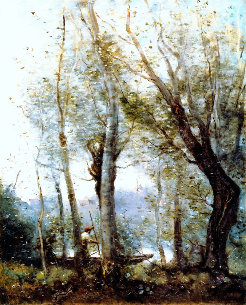 Łódka przepływająca za drzewami na brzegu - Jean-Baptiste Camille Corot