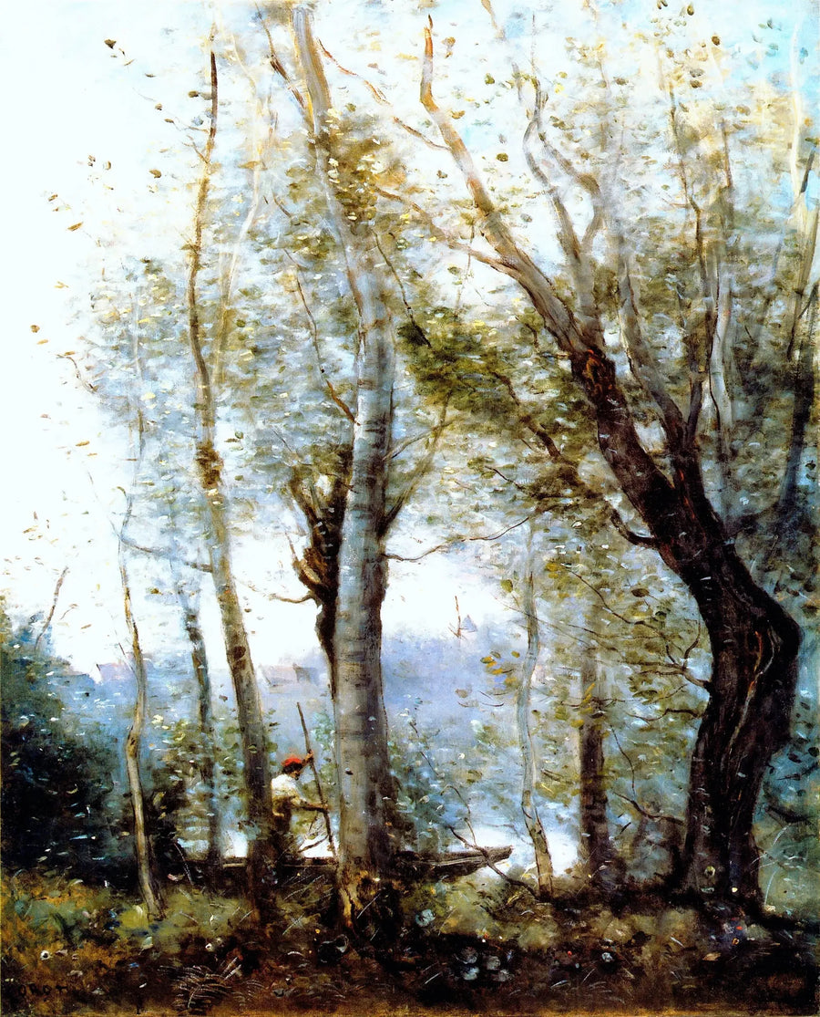 Łódka przepływająca za drzewami na brzegu - Jean-Baptiste Camille Corot