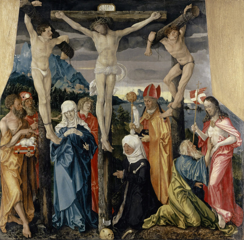 Chrystus na krzyżu z łotrami, świętymi i fundatorką - Hans Baldung Grien