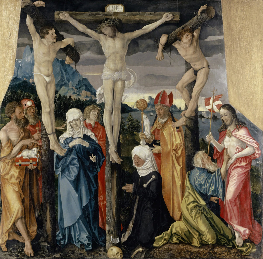 Chrystus na krzyżu z łotrami, świętymi i fundatorką - Hans Baldung Grien