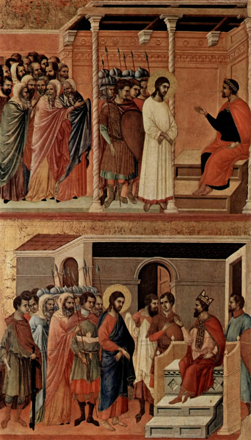 Chrystus przed Piłatem ponownie (u góry); Chrystus przed Herodem (na dole) - Duccio di Buoninsegna