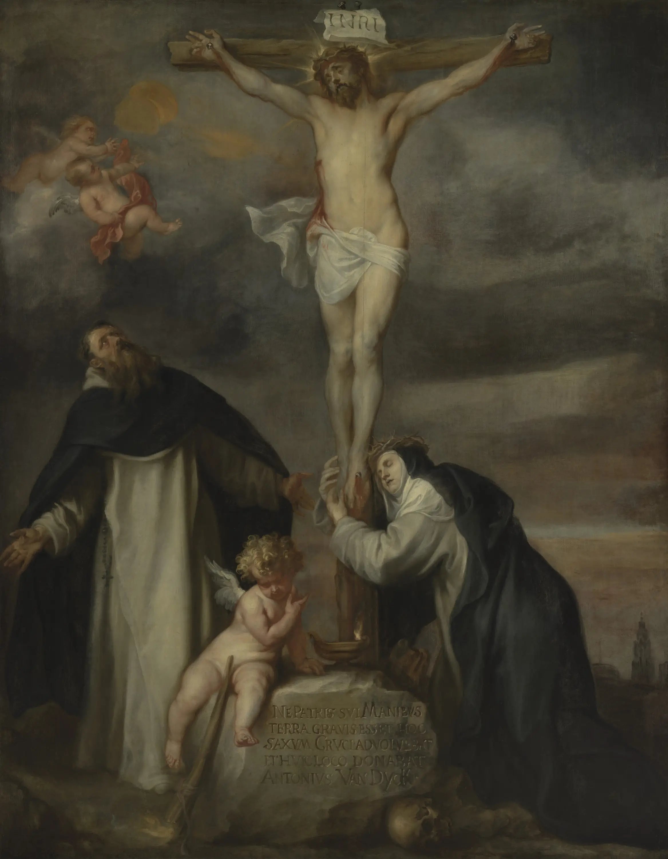 Le Christ en croix avec sainte Catherine de Sienne, saint Dominique et un ange - Antoine van Dyck image 1 copie de tableau peinte à la main