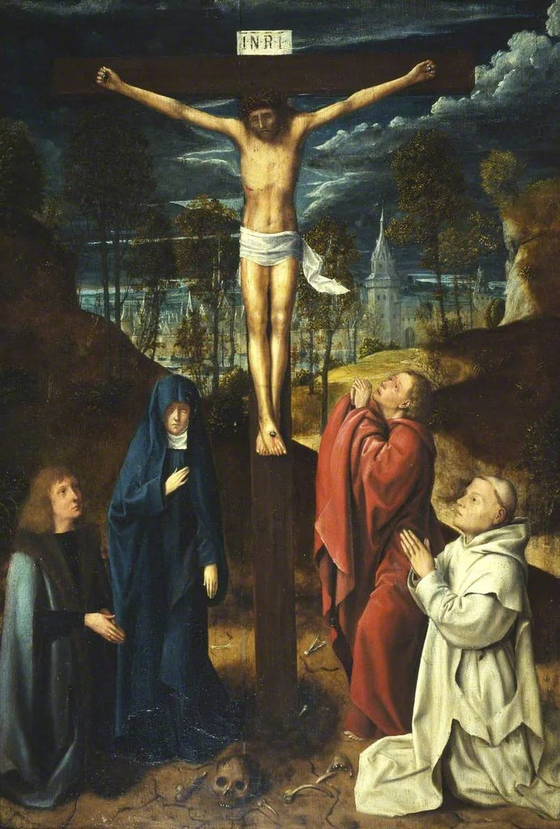 Chrystus na krzyżu między Maryją, świętym Janem a dwoma darczyńcami - Quentin Metsys
