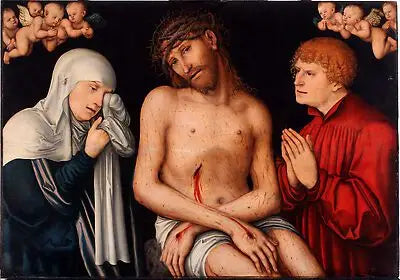 Chrystus jako Człowiek Boleści, otoczony przez Maryję i świętego Jana z aniołami - Lucas Cranach Starszy