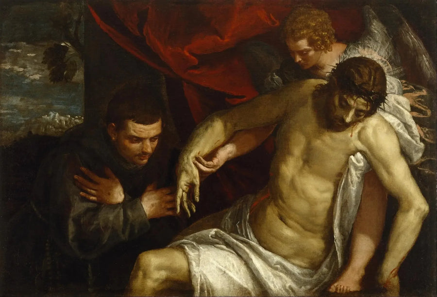 Chrystus martwy wspierany przez anioła i adorowany przez franciszkanina - Paul Véronèse