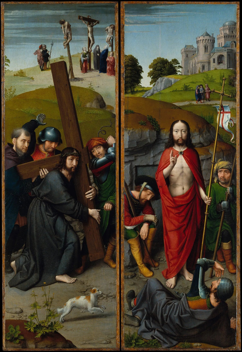 Chrystus niosący krzyż, z ukrzyżowaniem; Zmartwychwstanie, z pielgrzymami z Emaus - Gérard David