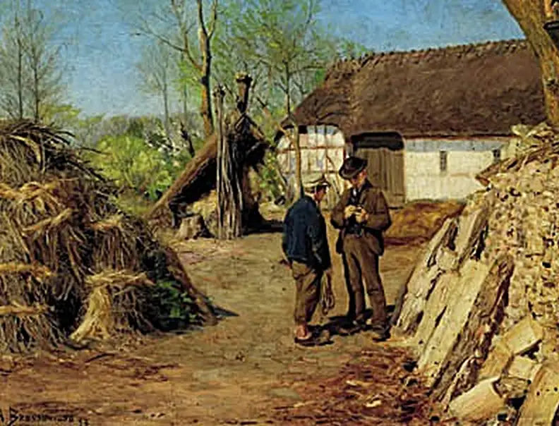 Syn młodego rolnika rozmawia z młodym chłopem. - H. A. Brendekilde