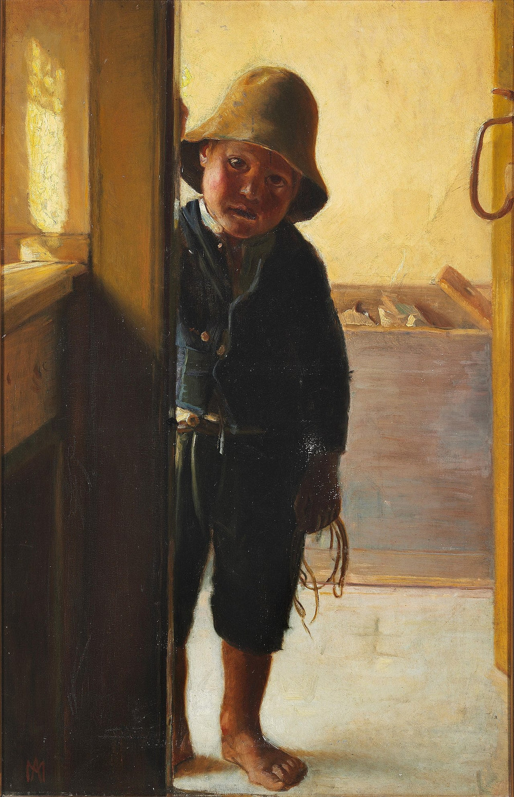 Le fils d'un pêcheur regarde par une porte. - Michael Peter Ancher image 1 tableau peint à l’huile sur toile