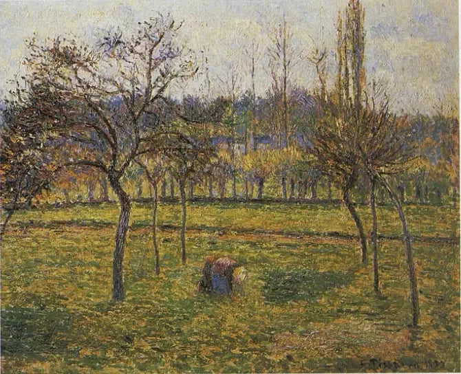 Tło łąki w Éragny z kobietą zbierającą trawę - Camille Pissarro