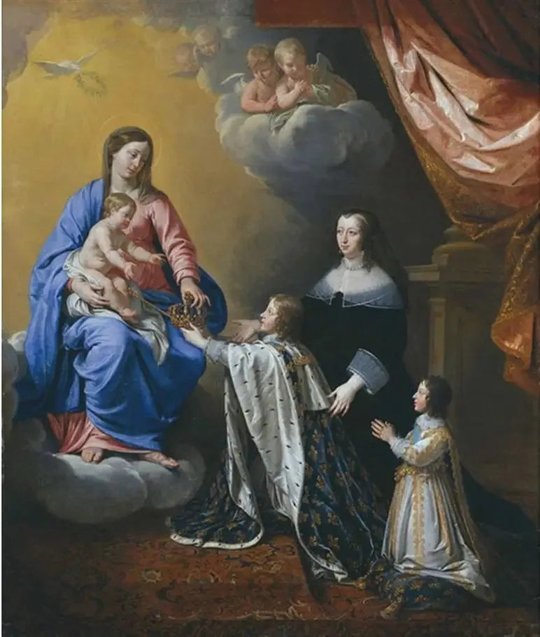 Młody Ludwik XIV ofiarowuje swą koronę Dziewicy i Dzieciątku - Philippe de Champaigne