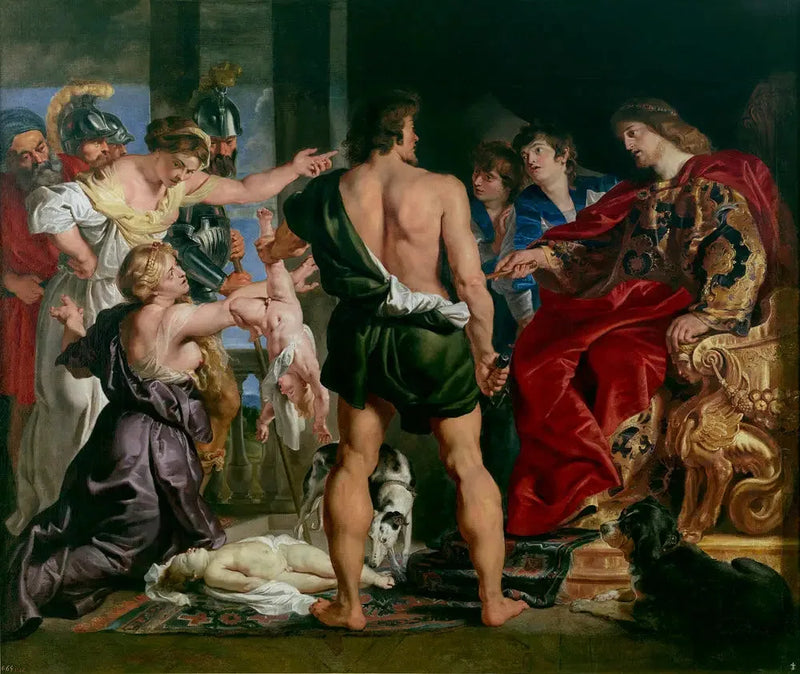 Sąd Salomona: Salomon wydaje wyrok; nakazuje żołnierzowi podzielić żywe dziecko na dwie części; prawdziwa matka sprzeciwia się wyrokowi Salomona (1 Królów 3:25-27) - Peter Paul Rubens