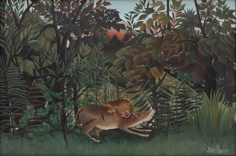 Lew, głodny, rzuca się na antylopę - Henri Rousseau