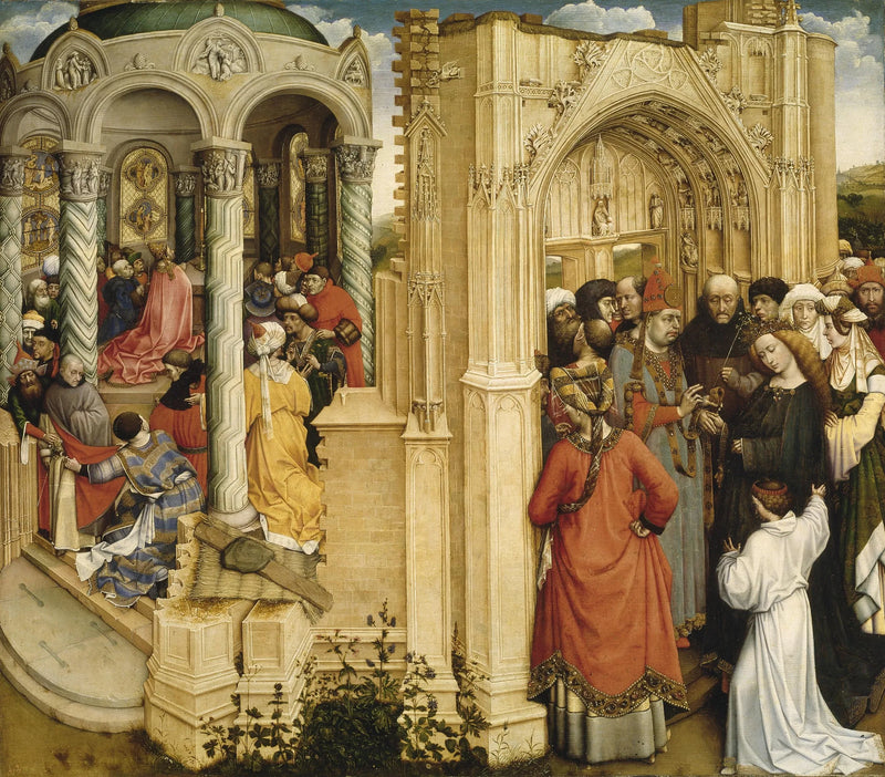Cud kwitnącego gałązki (po lewej); Zaślubiny Marii i Józefa (po prawej) - Robert Campin
