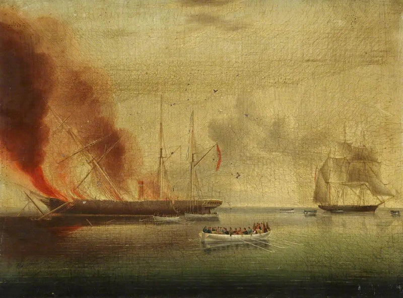 Parowiec parowy „Glasgow” w ogniu u wybrzeży Nantucket, 31 lipca 1865 roku: pasażerowie i załoga uratowani przez „Rosamund” - James E. Buttersworth