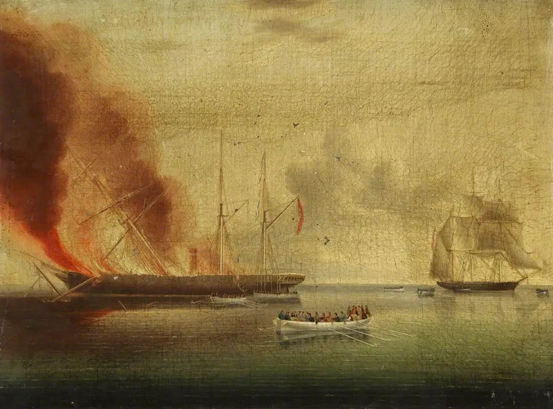 Parowiec parowy „Glasgow” w ogniu u wybrzeży Nantucket, 31 lipca 1865 roku: pasażerowie i załoga uratowani przez „Rosamund” - James E. Buttersworth