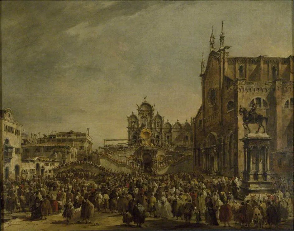 Le pape Pie VI bénissant la foule au Campo SS Giovanni e Paolo, Venise - Francesco Guardi image 1 tableau peint à l’huile sur toile