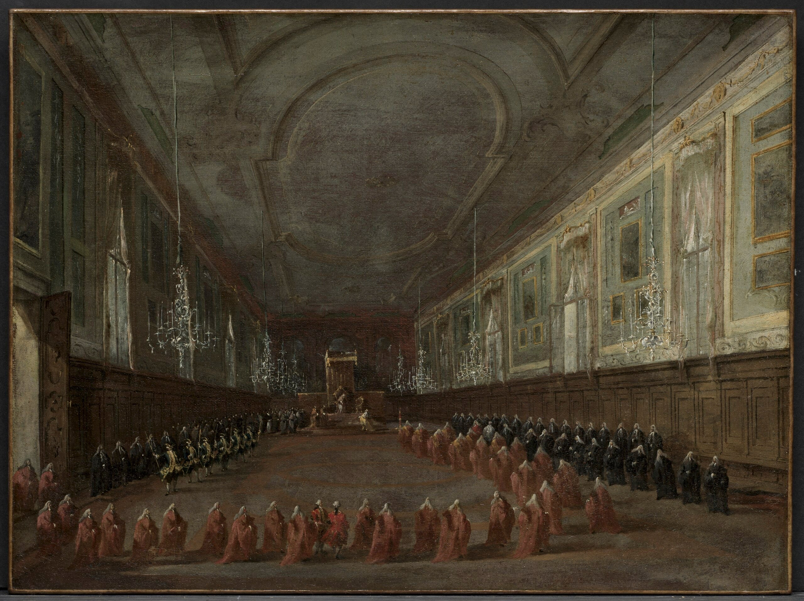 Le pape Pie VI descendant du trône pour prendre congé du doge dans la salle des Saints Jean et Paul, 1782 - Francesco Guardi image 1 reproduction réalisée par Alpha Reproduction