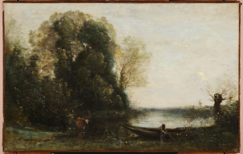 Wędkarz na łódce przy brzegu - Jean-Baptiste Camille Corot