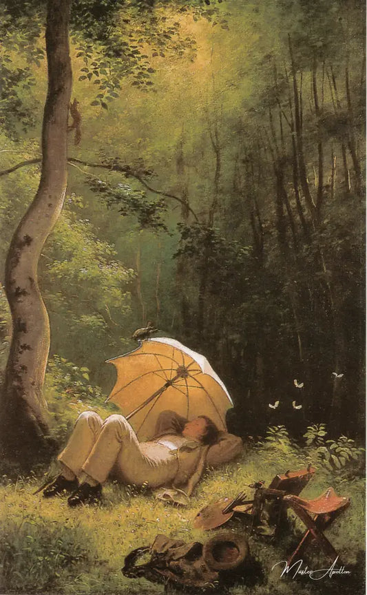 Le Peintre dans une clairière allongé sous un parasol - Carl Spitzweg - Reproductions de tableaux et peintures haut de gamme