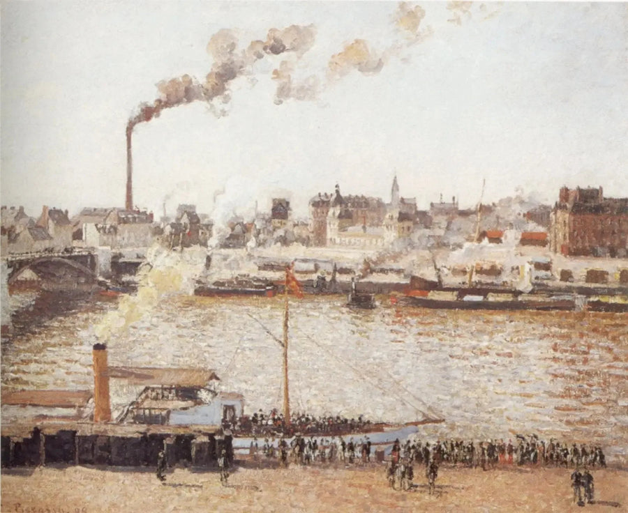 Most Boieldieu i dworzec w Orleanie, Rouen, poranek, słońce - Camille Pissarro