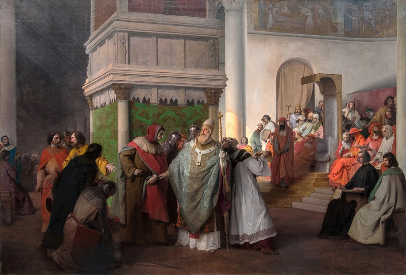 Kapłan Orlando z Parmy wysłany przez Arrigo IV z Niemiec i obroniony przez Grzegorza VII przeciwko słusznej oburzeniu synodu rzymskiego - Francesco Hayez
