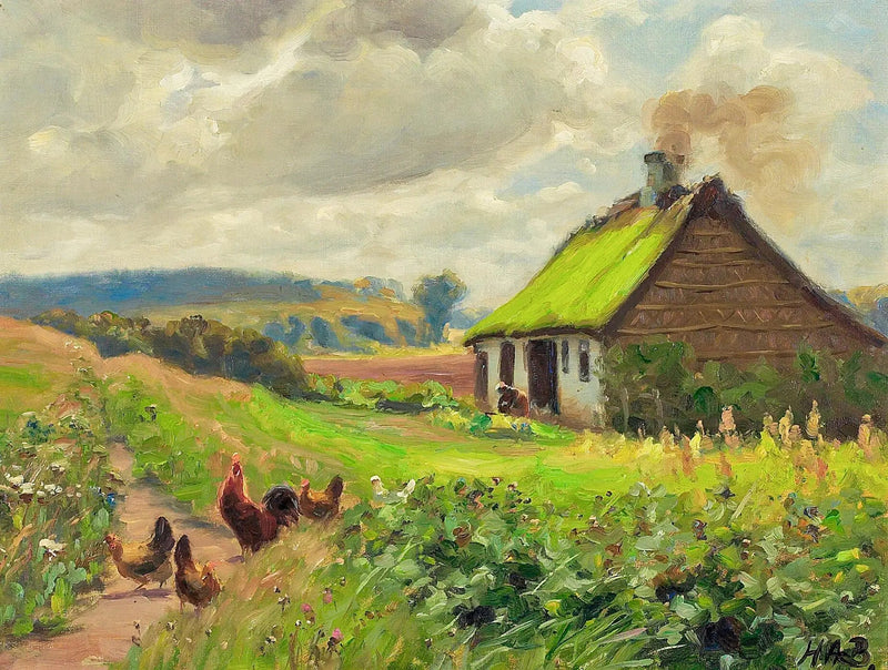 Wiosna z domem, kobietą i kurczakami. - H. A. Brendekilde