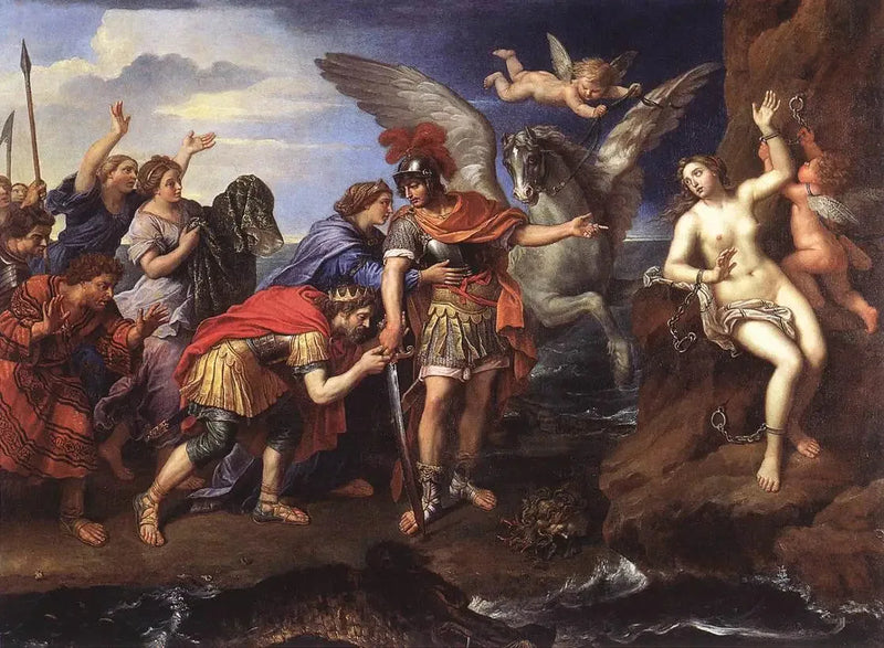 Król Cepheus i Królowa Kasjopea dziękują Perseuszowi za uwolnienie ich córki Andromedy - Pierre Mignard
