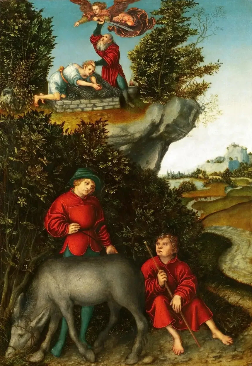 Ofiara Abrahama: Anioł powstrzymuje Abrahama od składania Izaaka w ofierze; słudzy czekają u stóp góry (Księga Rodzaju 22:10-12) - Lucas Cranach Starszy