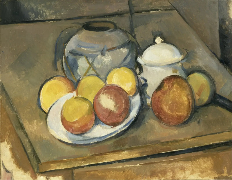 Wazon z trawą, cukiernica i jabłka - Paul Cézanne