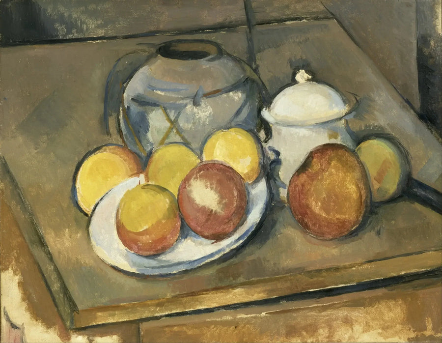 Wazon z trawą, cukiernica i jabłka - Paul Cézanne