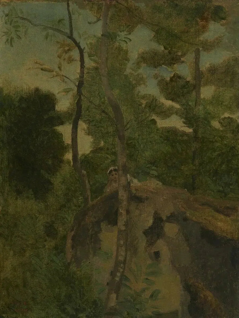 Les Alinges. Młoda dziewczyna leżąca na skale pod drzewami - Jean-Baptiste Camille Corot
