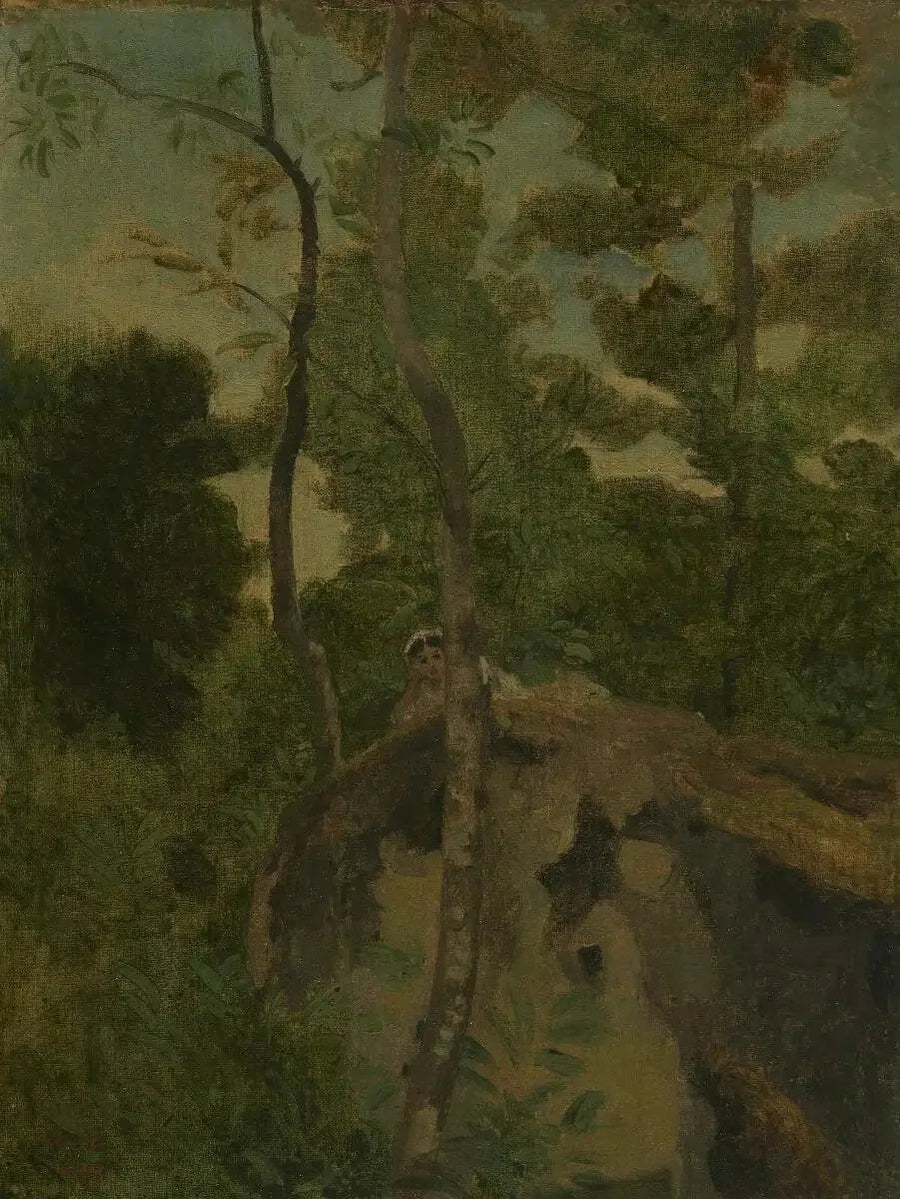 Les Alinges. Młoda dziewczyna leżąca na skale pod drzewami - Jean-Baptiste Camille Corot