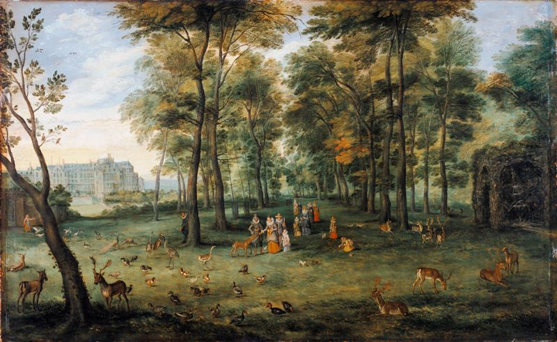 Les archiducs Albert et Isabelle se promenant dans le parc de leur palais bruxellois. - Jan Brueghel l'Ancien image 1 reproduction de peinture à l’huile
