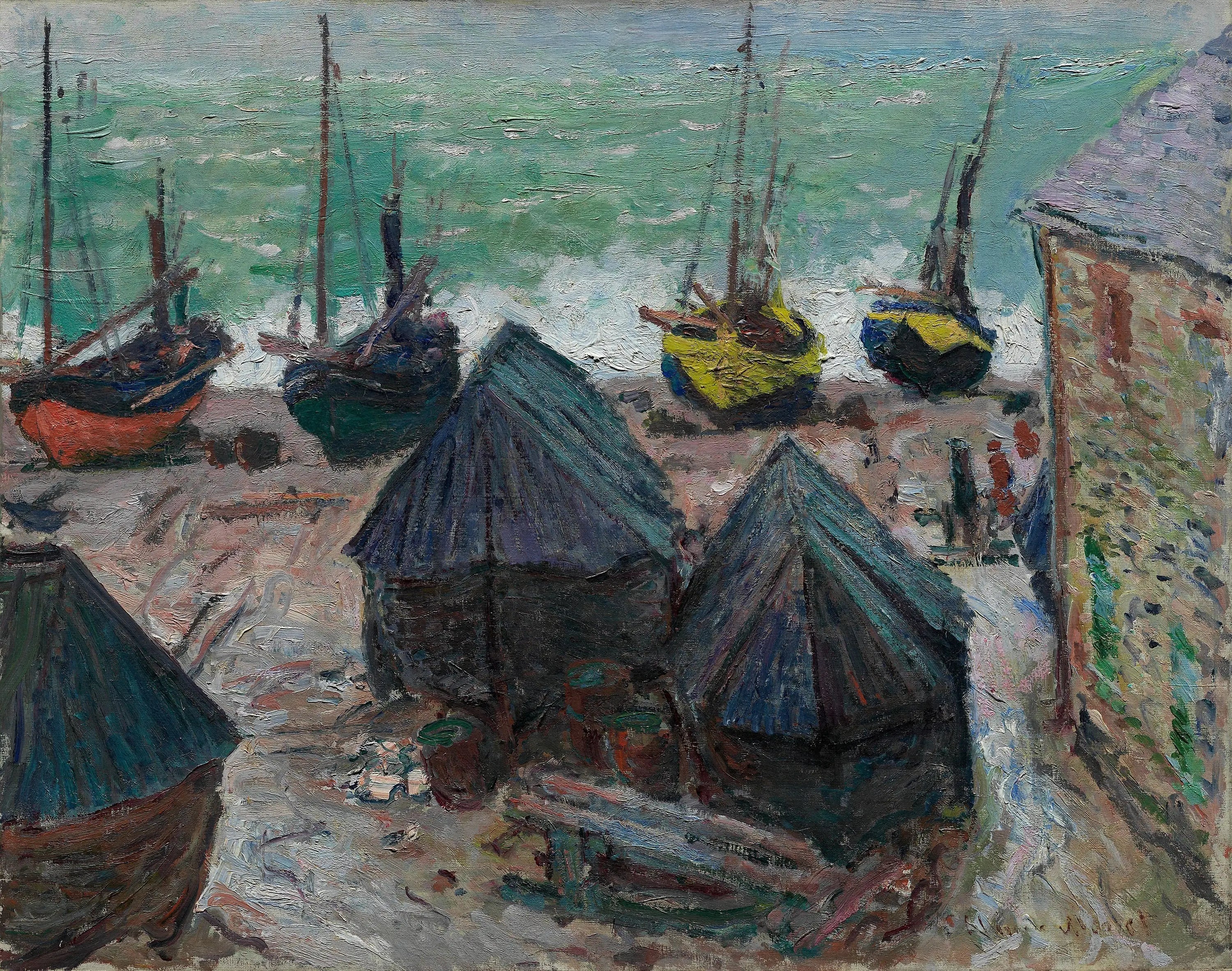 Reproduction du tableau « Les bateaux sur la plage à Étretat - Claude Monet » par Alpha Reproduction en peinture à l’huile